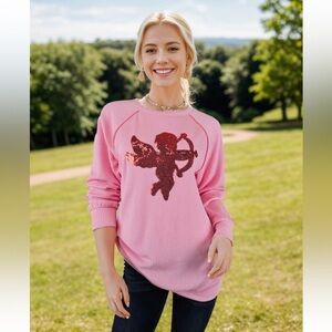 727. Ribbed puff long sleeve sequin Cupid top pink and red